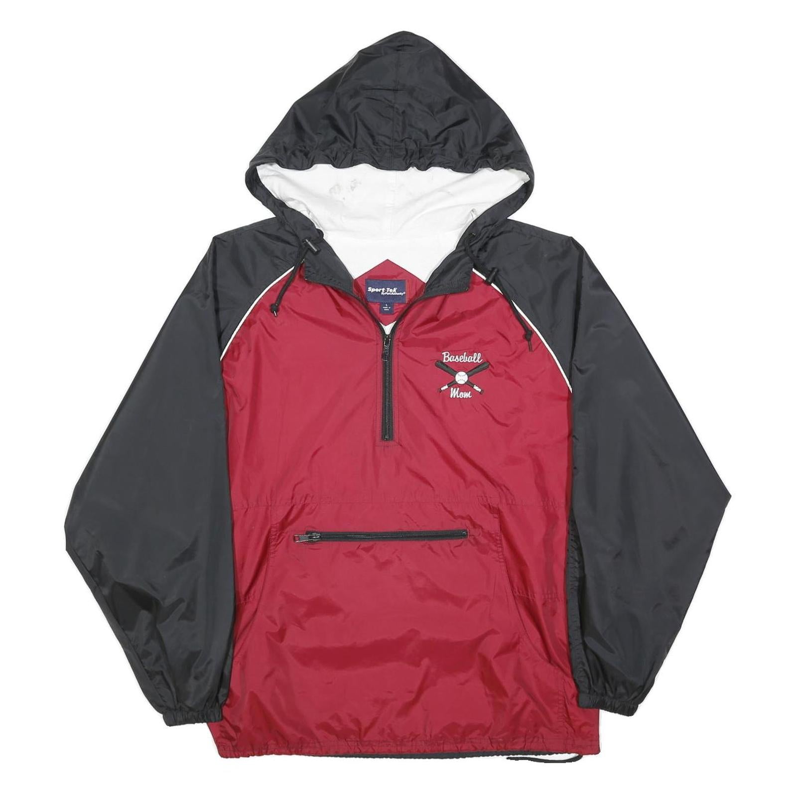 SPORT-TEK Womens Red & Black Baseball Mom Half Zip Nylon Hooded Jacket L