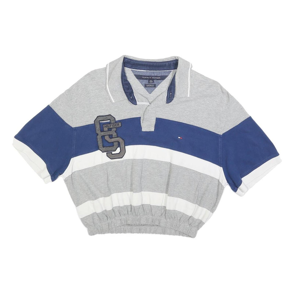 TOMMY HILFIGER Womens Grey Blue White Cropped Polo Shirt XL Striped Cotton Blend