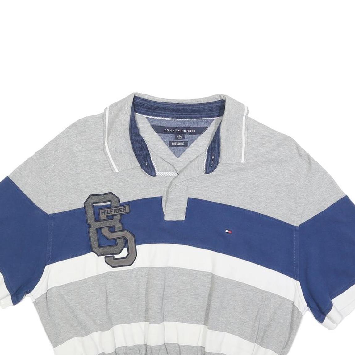 TOMMY HILFIGER Womens Grey Blue White Cropped Polo Shirt XL Striped Cotton Blend
