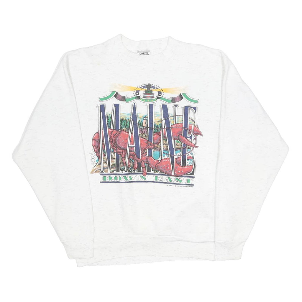 ONEITA Mens White Maine Down East Crew Neck L Cotton Blend Sweatshirt