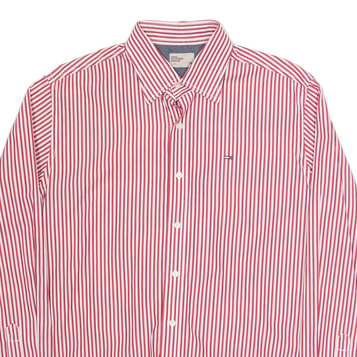 HILFIGER DENIM Mens Shirt Red Pinstripe Long Sleeve L