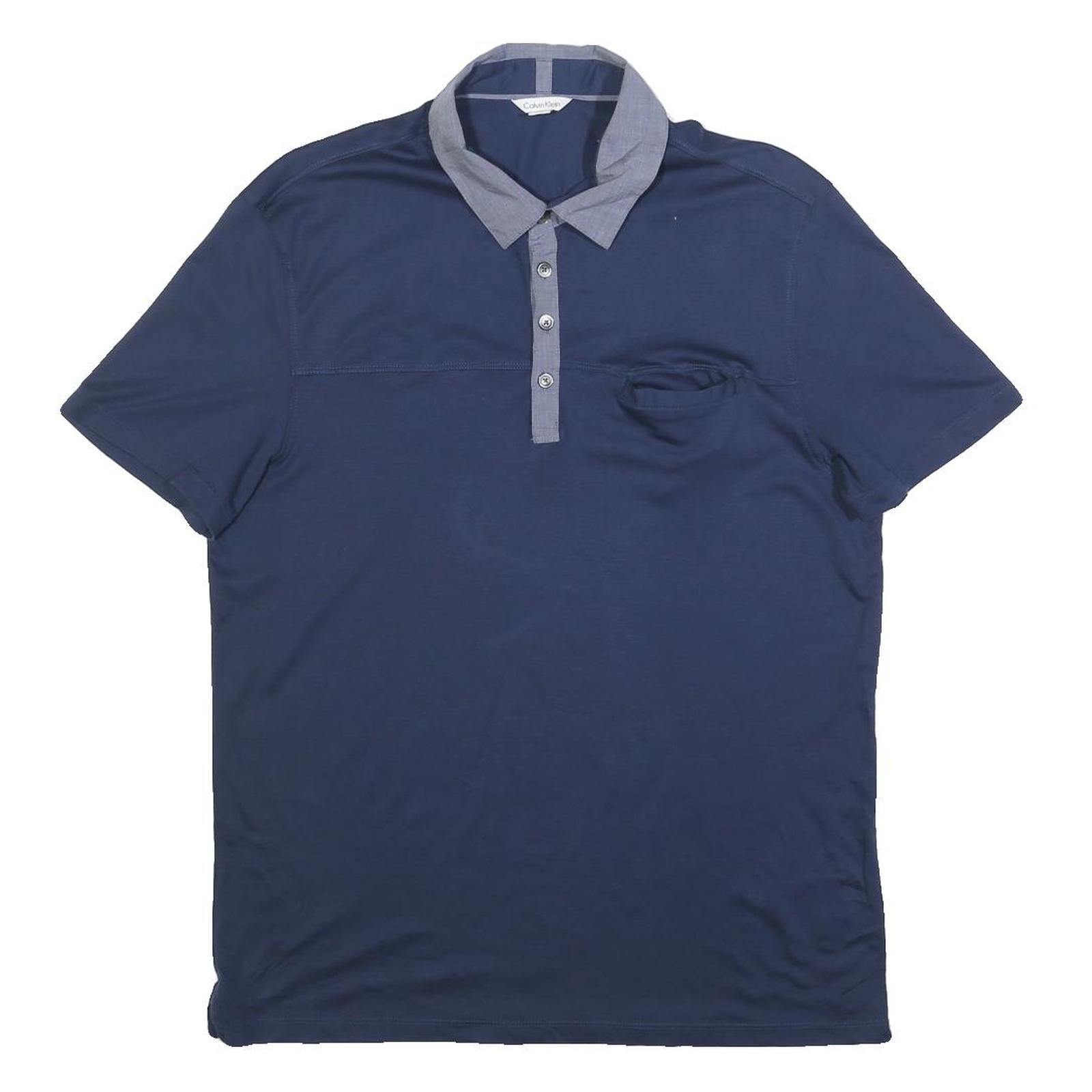 CALVIN KLEIN Mens Blue Shirt Collar Short Sleeve Plain M Cotton Blend Polo