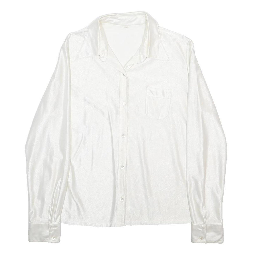 Womens White Plain Woven Shirt Long Sleeve Collared S Stretch Satin Finish