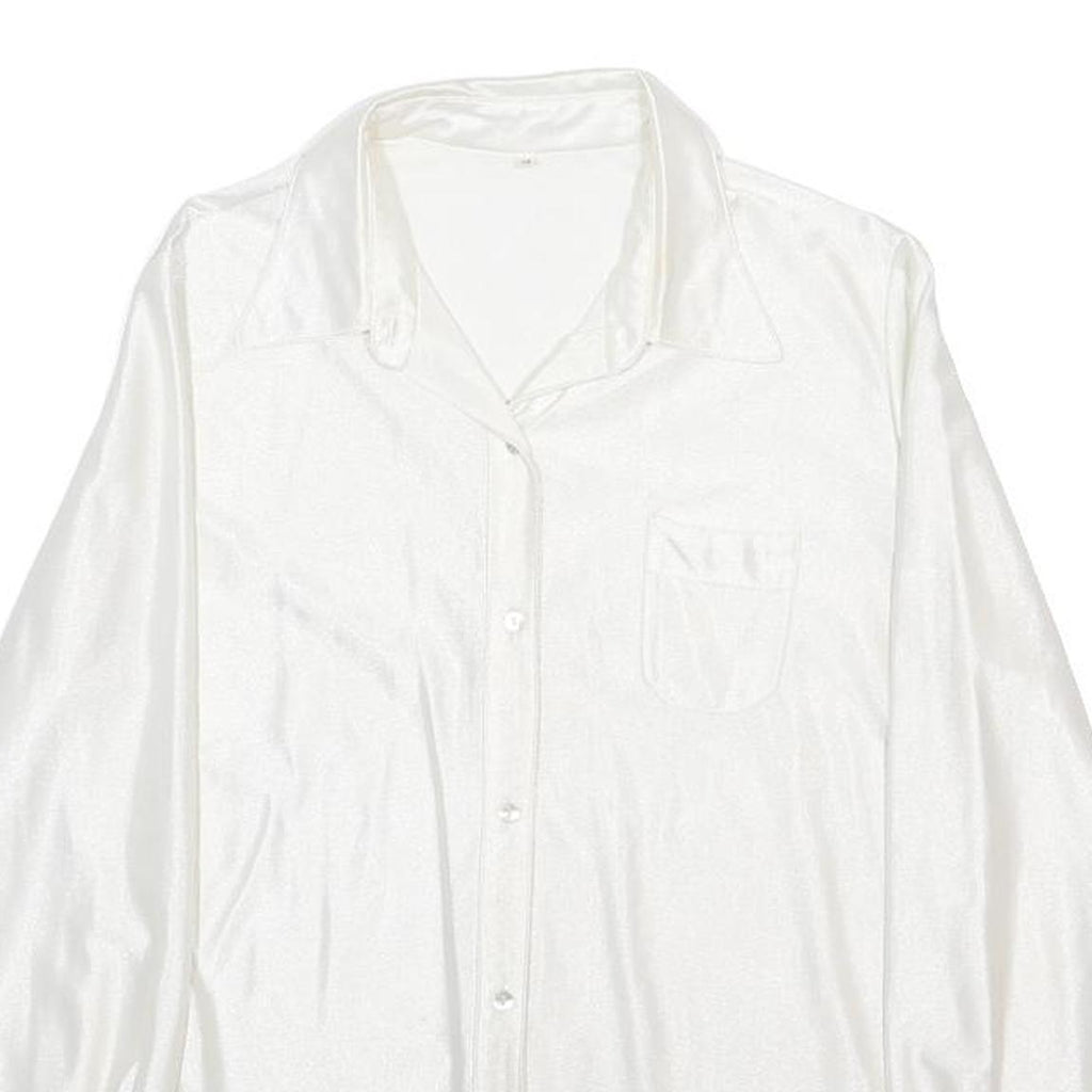 Womens White Plain Woven Shirt Long Sleeve Collared S Stretch Satin Finish