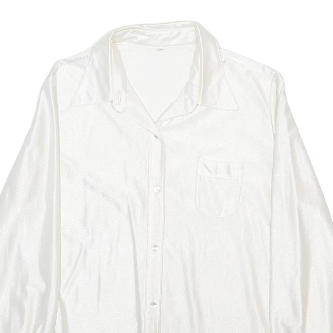 Womens White Plain Woven Shirt Long Sleeve Collared S Stretch Satin Finish