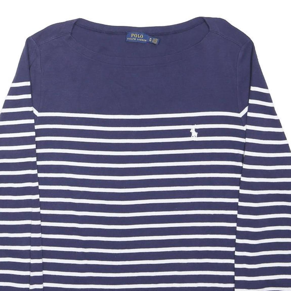 POLO RALPH LAUREN Womens Blue & White Striped Basic Top Long Sleeve Round Neck