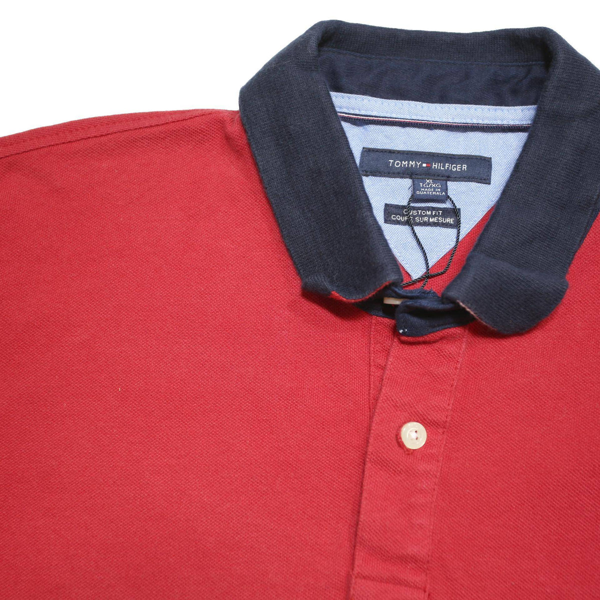 TOMMY HILFIGER Mens Red & Navy Polo Shirt XL Cotton Blend Short Sleeve Classic