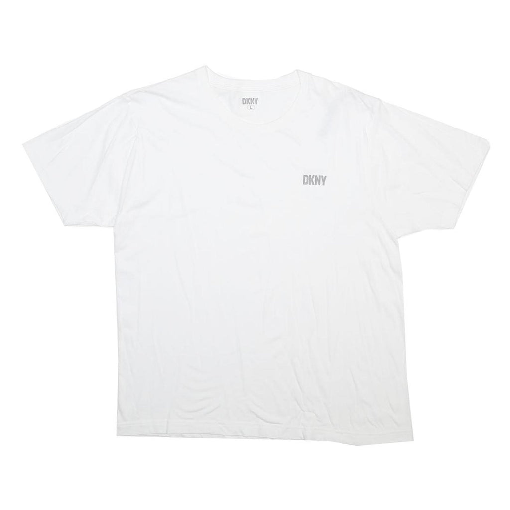 DKNY Womens White Cotton Blend T-Shirt L Short Sleeve Crew Neck Logo Print
