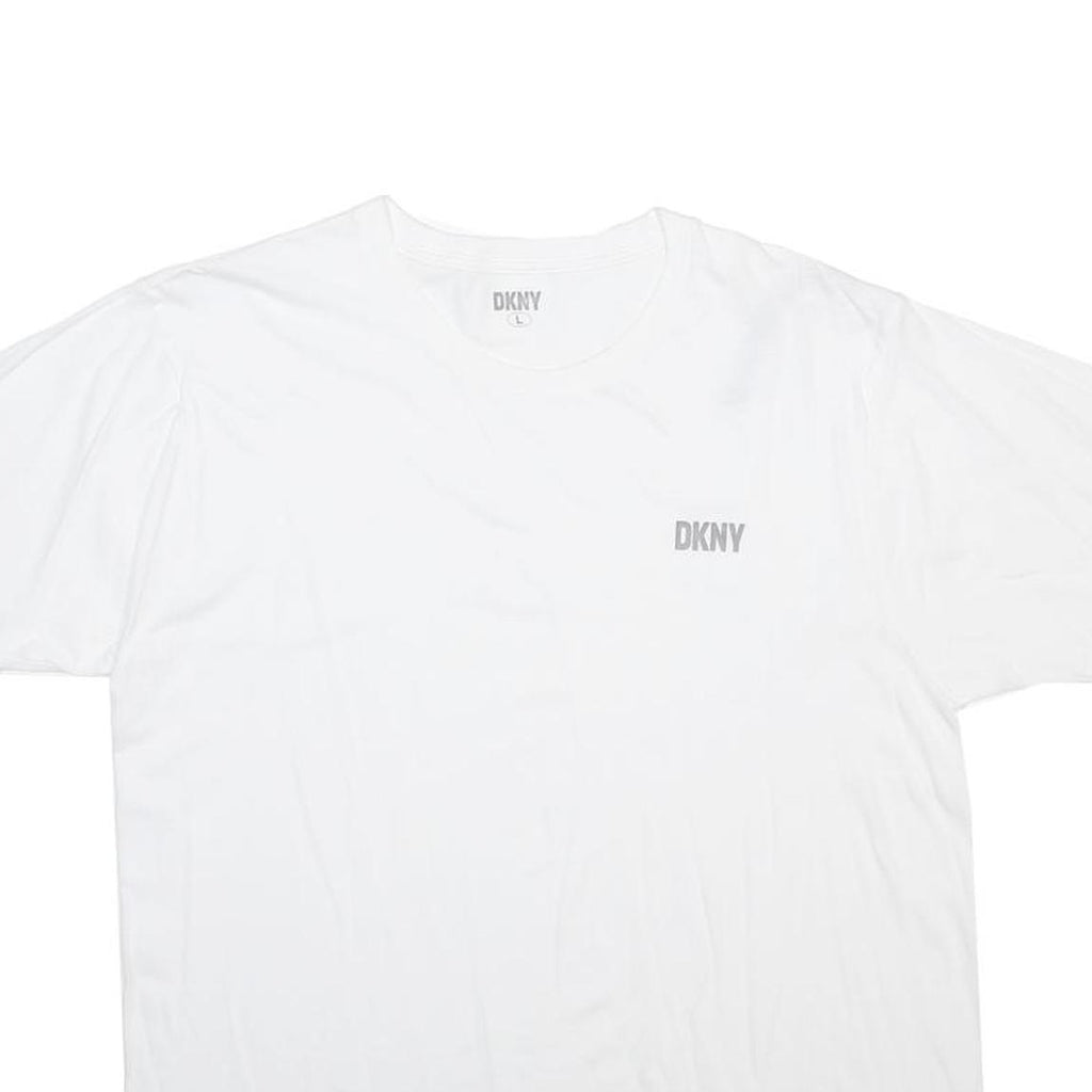 DKNY Womens White Cotton Blend T-Shirt L Short Sleeve Crew Neck Logo Print