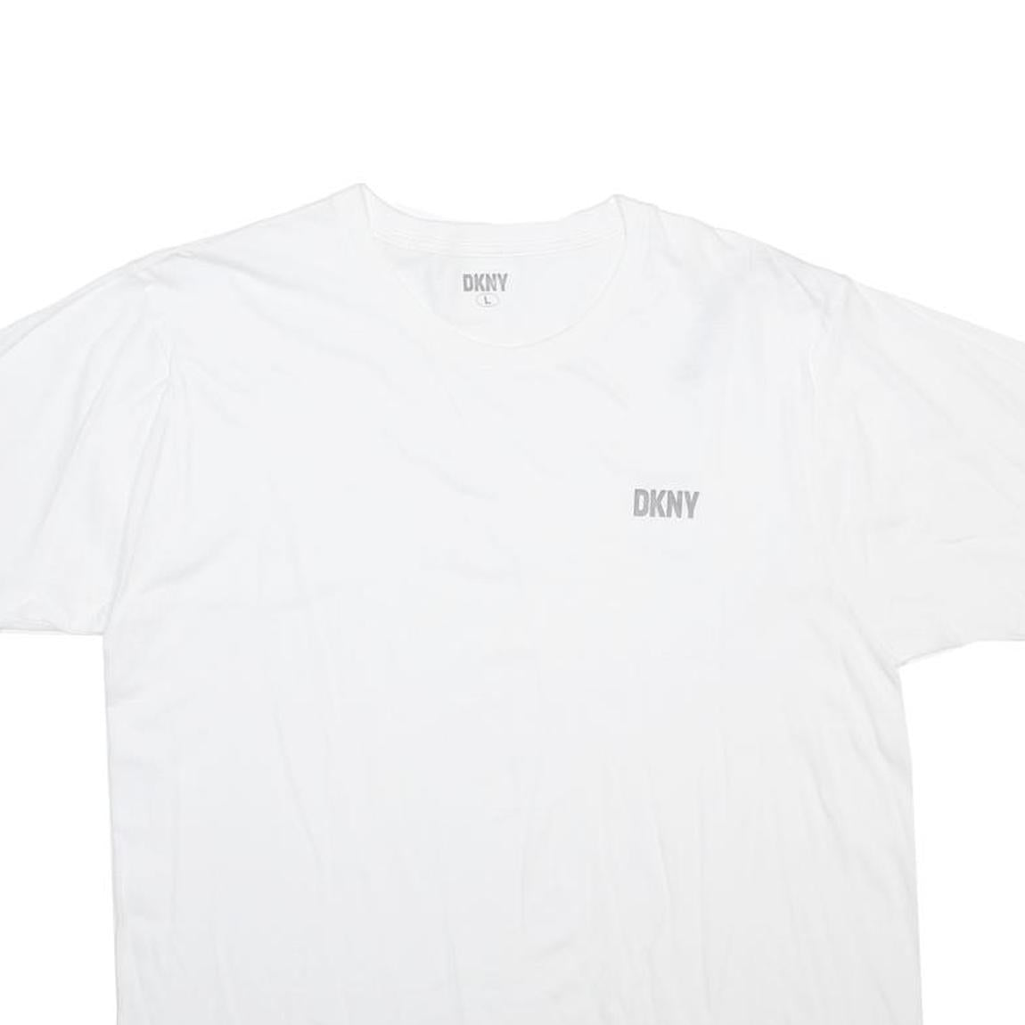 DKNY Womens White Cotton Blend T-Shirt L Short Sleeve Crew Neck Logo Print