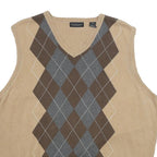 VAN HEUSEN Mens Beige Brown Grey Argyle Pattern V-Neck Cotton Jumper XL Classic