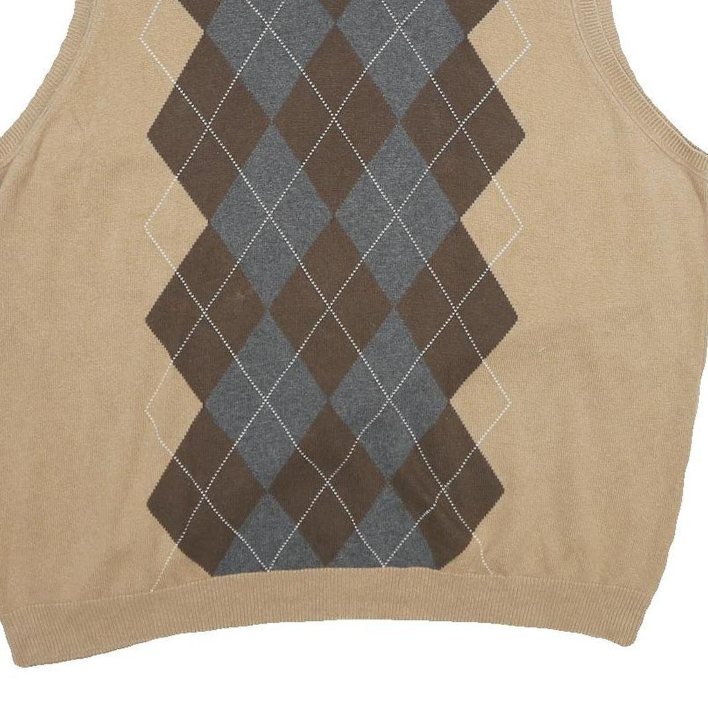 VAN HEUSEN Mens Beige Brown Grey Argyle Pattern V-Neck Cotton Jumper XL Classic