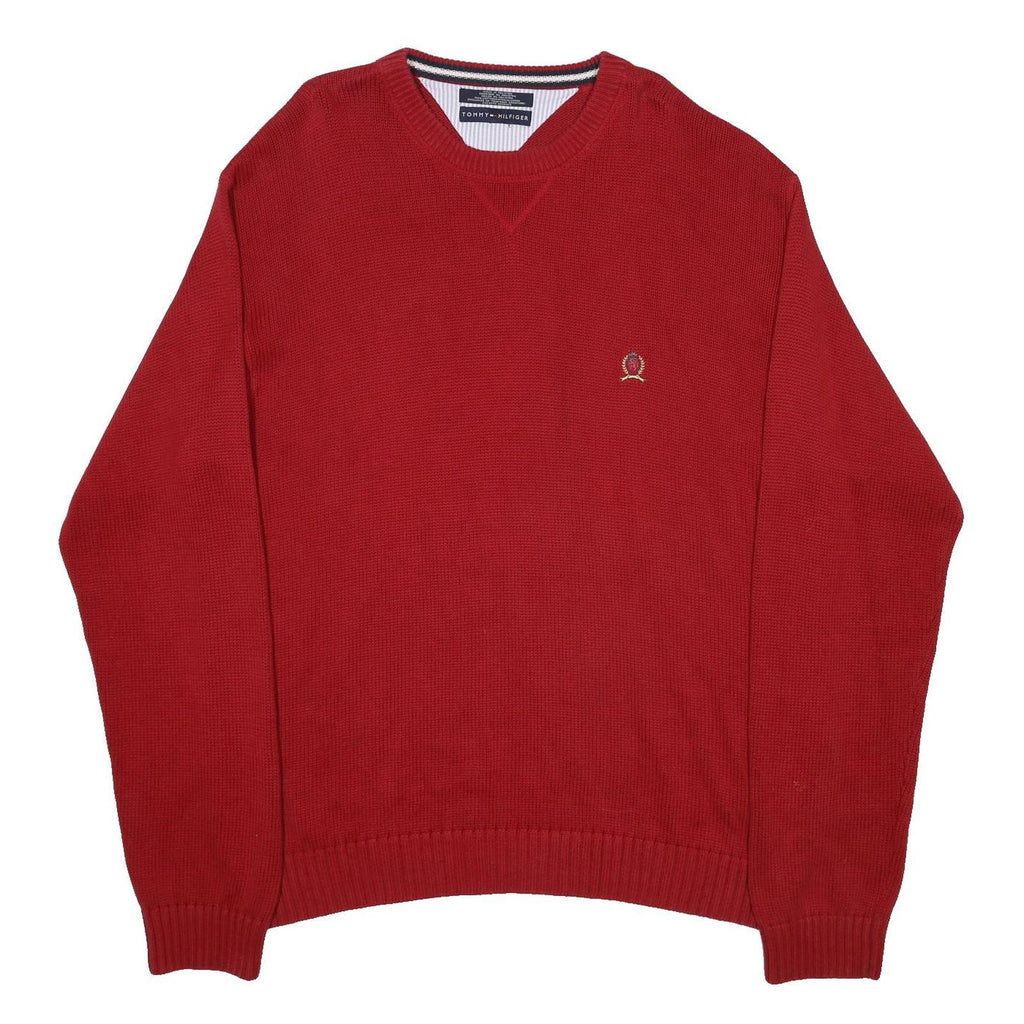 TOMMY HILFIGER Mens Red Plain Crew Neck Basic Knit Jumper XL Cotton Casual