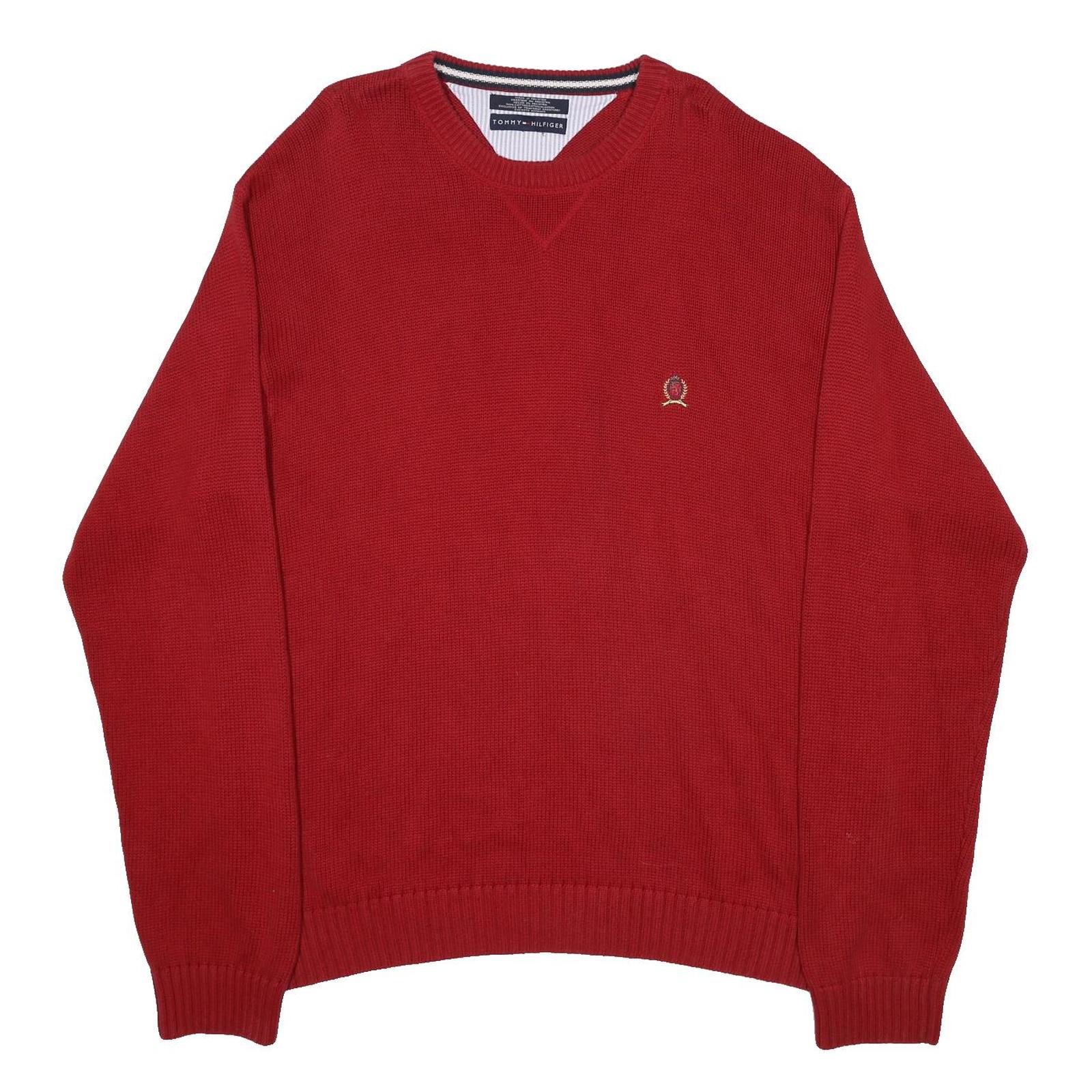 TOMMY HILFIGER Mens Red Plain Crew Neck Basic Knit Jumper XL Cotton Casual