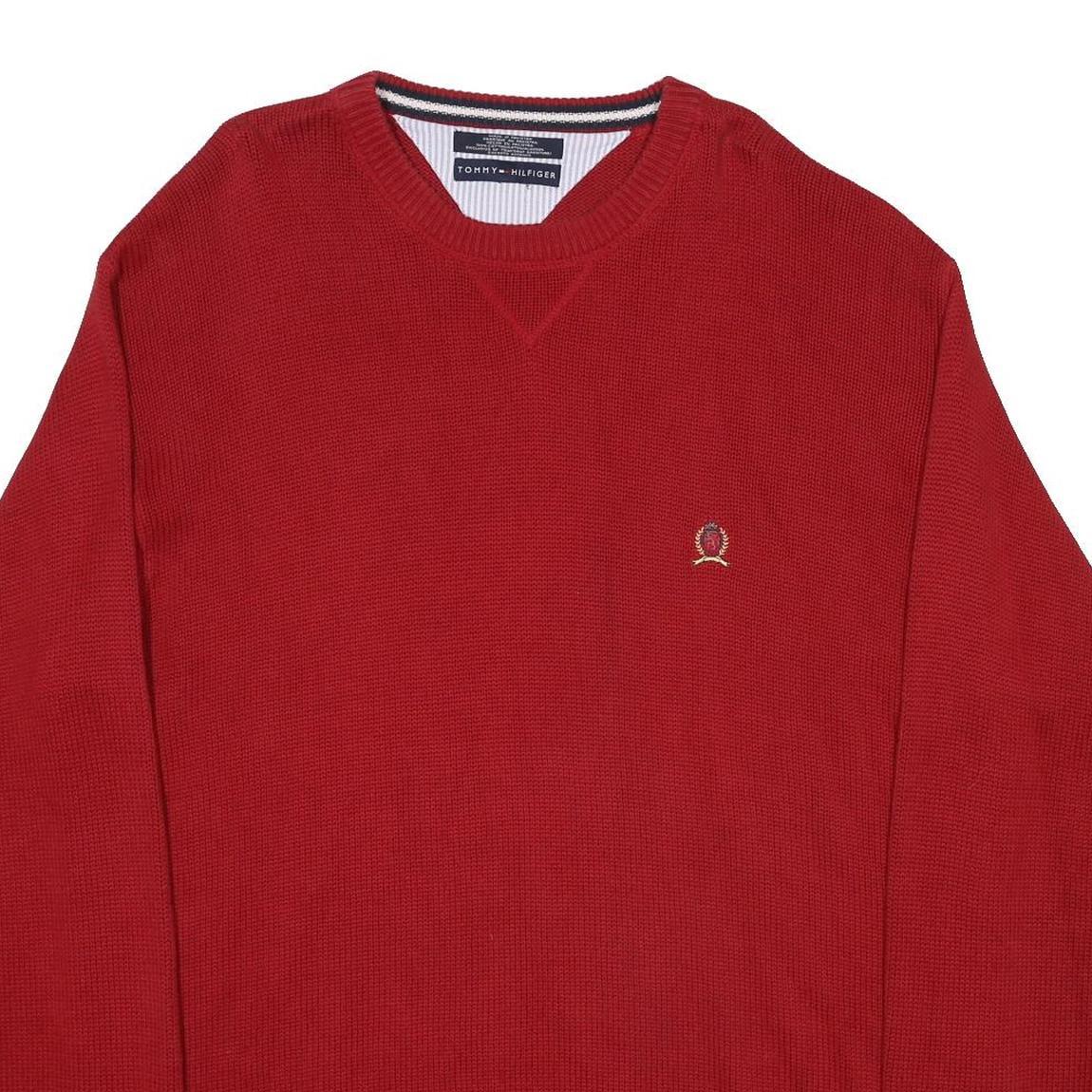 TOMMY HILFIGER Mens Red Plain Crew Neck Basic Knit Jumper XL Cotton Casual
