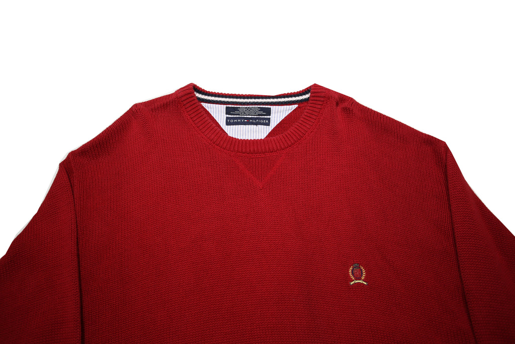 TOMMY HILFIGER Mens Red Plain Crew Neck Basic Knit Jumper XL Cotton Casual