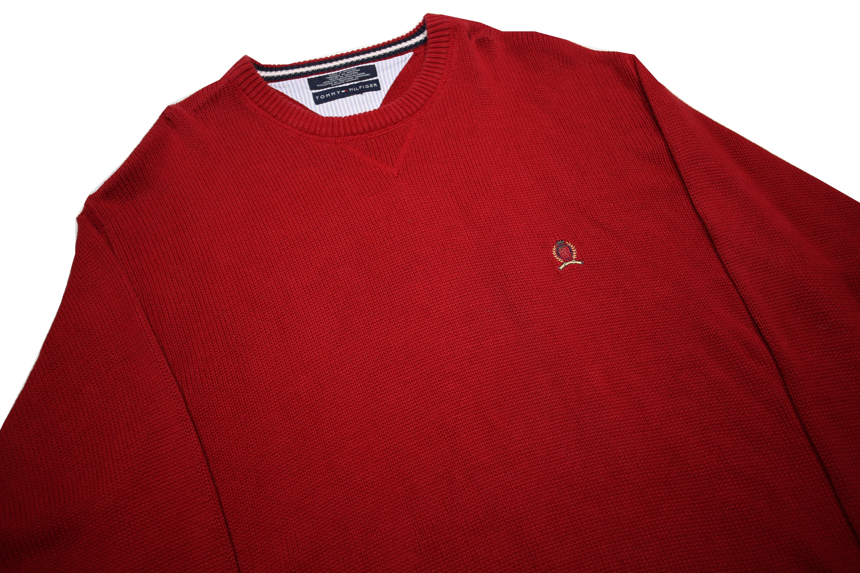 TOMMY HILFIGER Mens Red Plain Crew Neck Basic Knit Jumper XL Cotton Casual