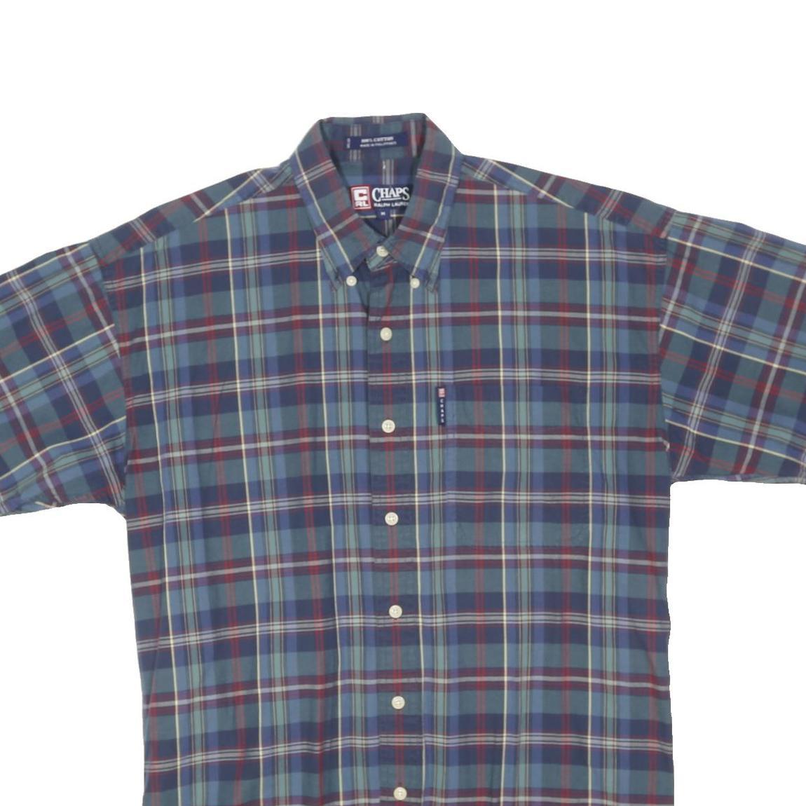 CHAPS RALPH LAUREN Mens Blue Plaid Shirt M Cotton Blend Casual Short Sleeve