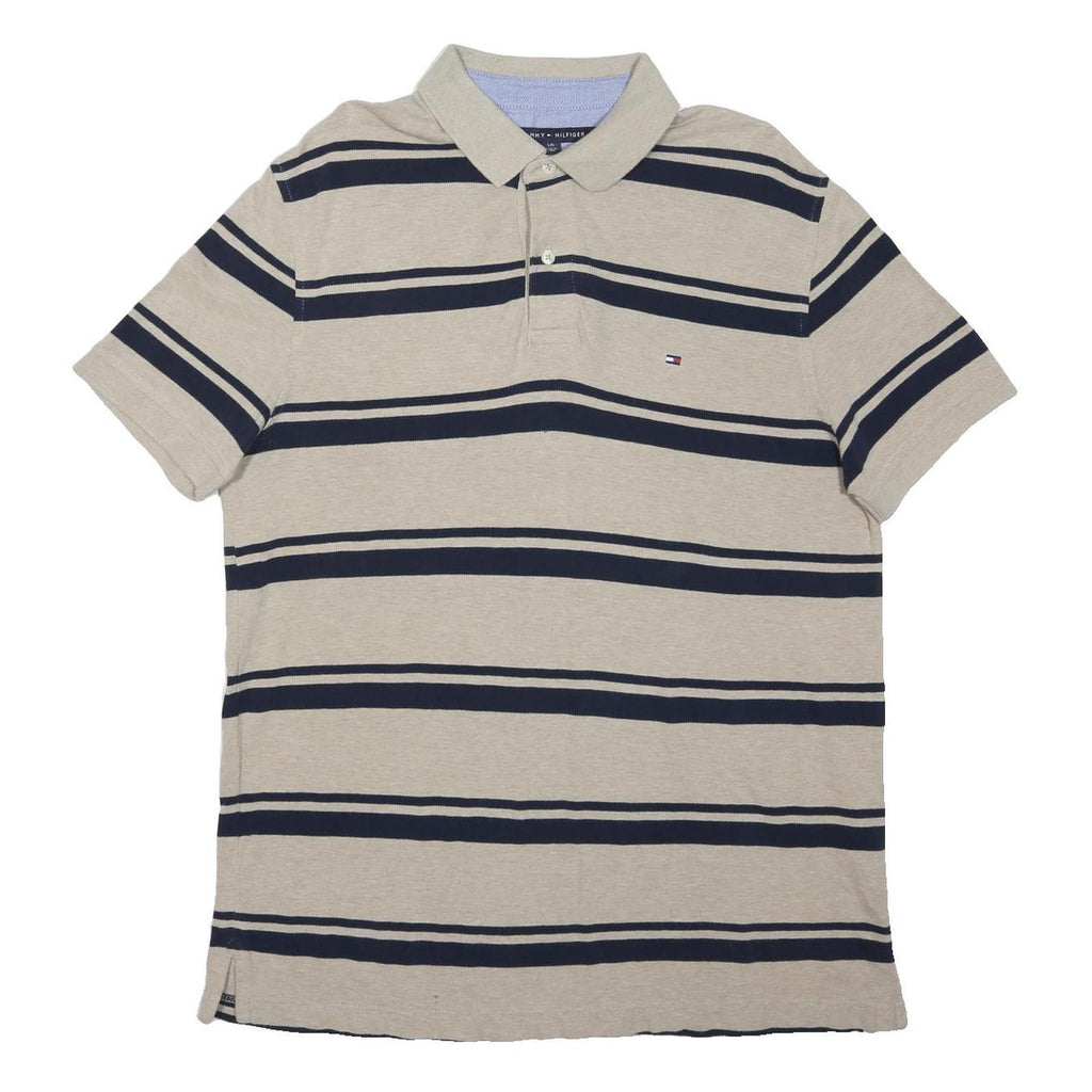 TOMMY HILFIGER Mens Beige & Navy Striped Short Sleeve Polo Shirt L Cotton Blend