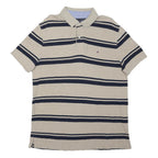 TOMMY HILFIGER Mens Beige & Navy Striped Short Sleeve Polo Shirt L Cotton Blend