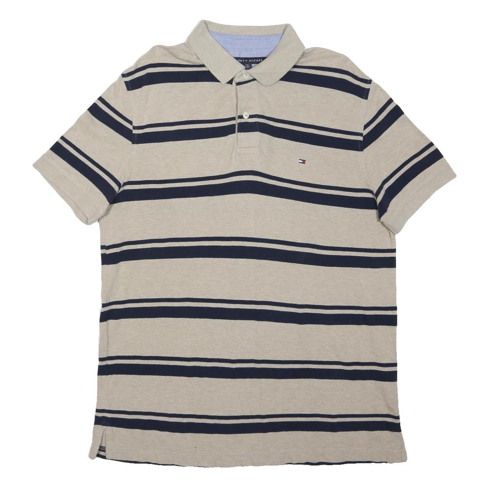 TOMMY HILFIGER Mens Beige & Navy Striped Short Sleeve Polo Shirt L Cotton Blend