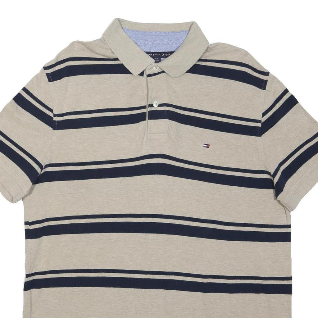 TOMMY HILFIGER Mens Beige & Navy Striped Short Sleeve Polo Shirt L Cotton Blend