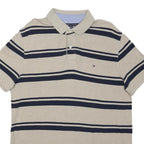 TOMMY HILFIGER Mens Beige & Navy Striped Short Sleeve Polo Shirt L Cotton Blend