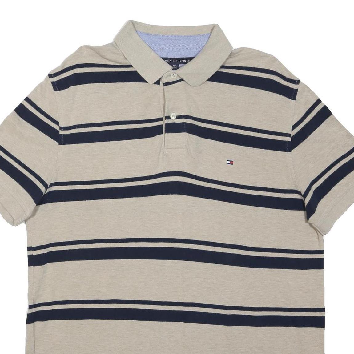 TOMMY HILFIGER Mens Beige & Navy Striped Short Sleeve Polo Shirt L Cotton Blend