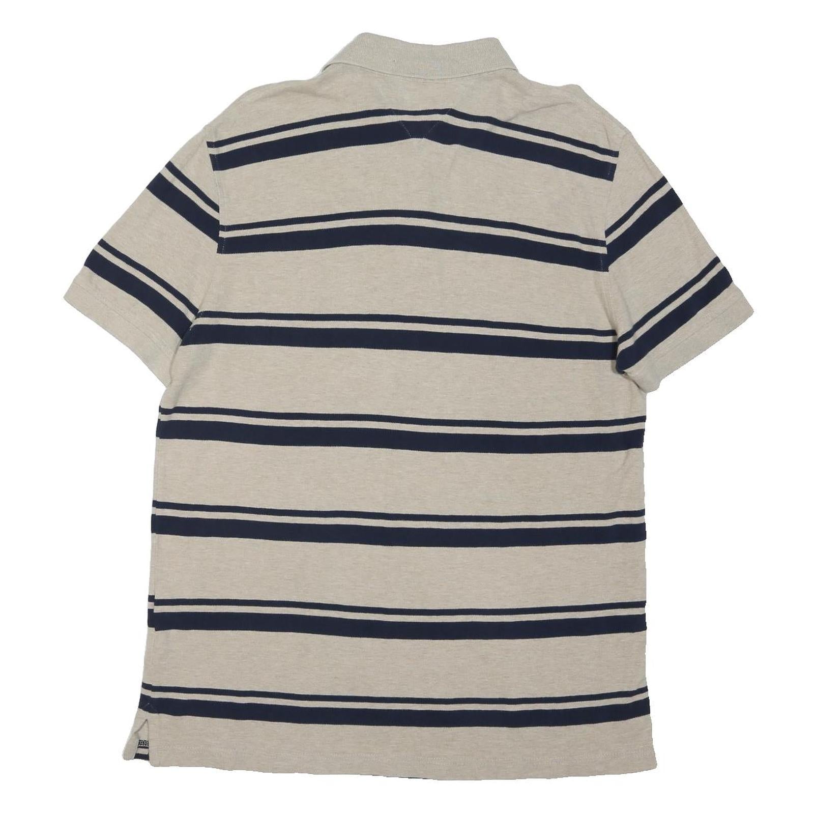 TOMMY HILFIGER Mens Beige & Navy Striped Short Sleeve Polo Shirt L Cotton Blend