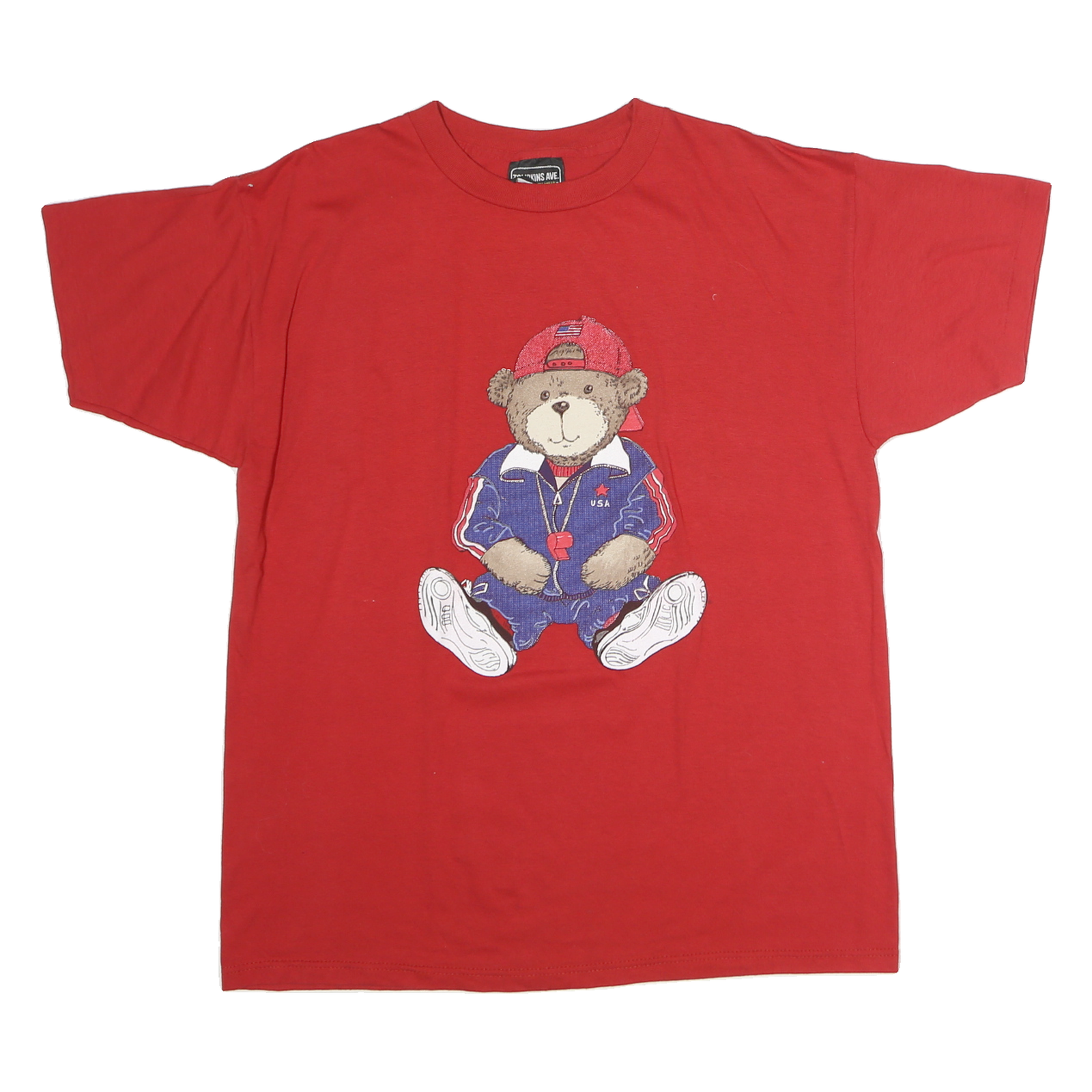 TOMPKINS Mens Red Graphic T-Shirt L Short Sleeve Crew Neck Cute Bear Design