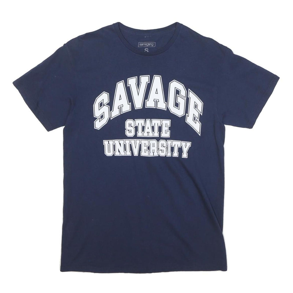 SAMEGANG Mens Navy Blue Savage State University Graphic T-Shirt S Short Sleeve