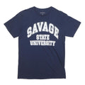 SAMEGANG Mens Navy Blue Savage State University Graphic T-Shirt S Short Sleeve