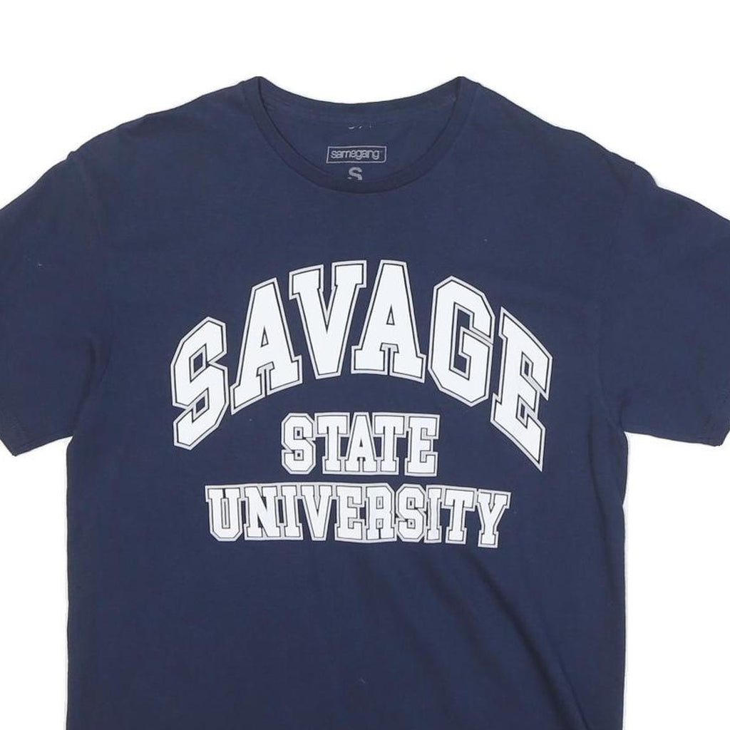 SAMEGANG Mens Navy Blue Savage State University Graphic T-Shirt S Short Sleeve