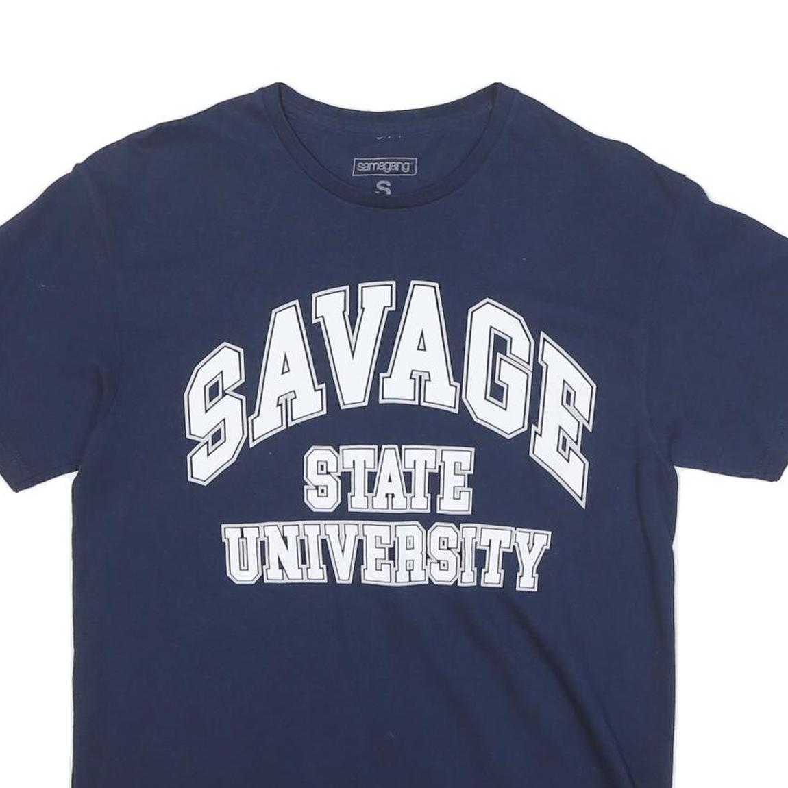 SAMEGANG Mens Navy Blue Savage State University Graphic T-Shirt S Short Sleeve