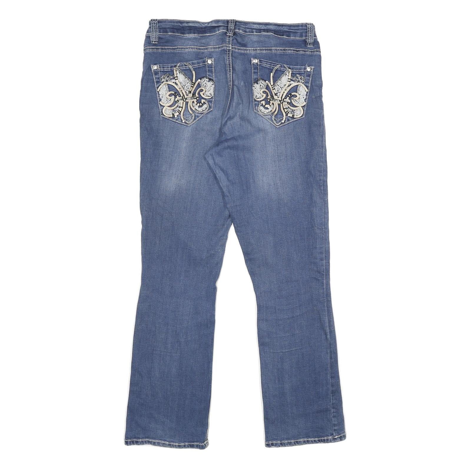 REBEL SOUL Womens Jeans Blue Relaxed Straight Denim Medium W32 L32 Embroidered