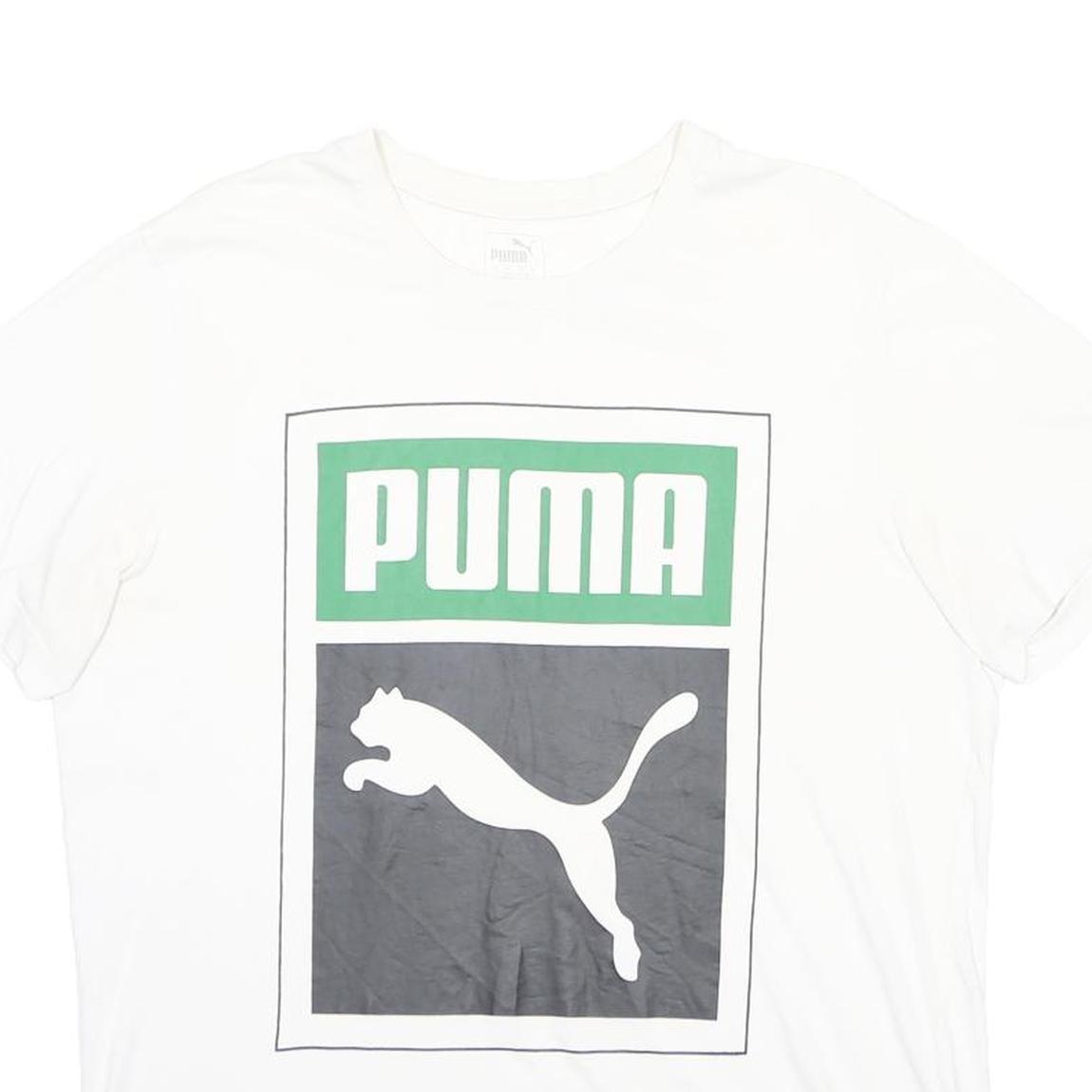 PUMA Mens White & Green Graphic T-Shirt XL Short Sleeve Crew Neck Printed Logo