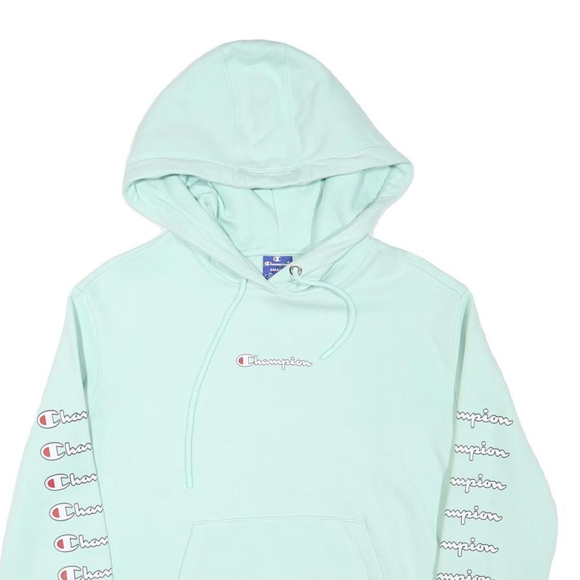 CHAMPION Mens Mint Green Hoodie S Double Sleeve Logo Graphic Pullover Cotton