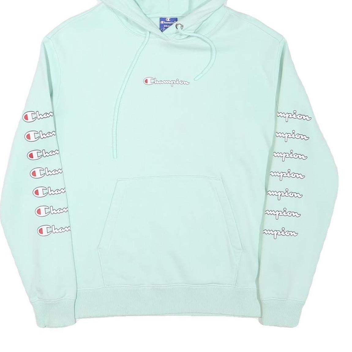 CHAMPION Mens Mint Green Hoodie S Double Sleeve Logo Graphic Pullover Cotton