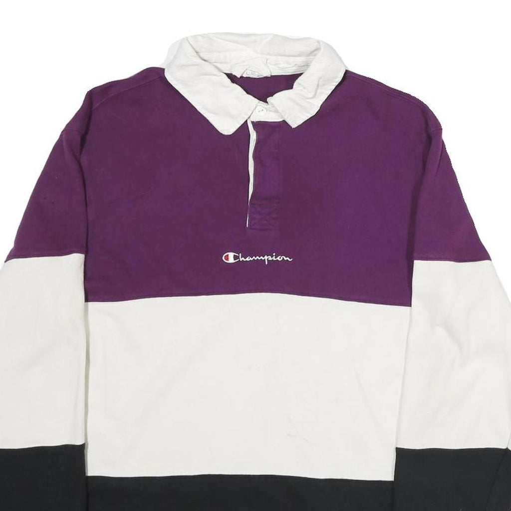CHAMPION Mens Purple & White & Black Long Sleeve Colourblock M Cotton Polo Shirt