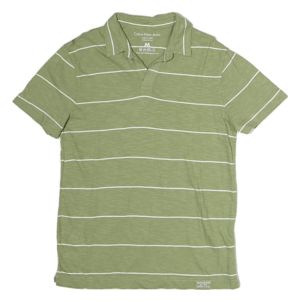 CALVIN KLEIN JEANS Mens Green & White Striped Short Sleeve Polo Shirt M Cotton