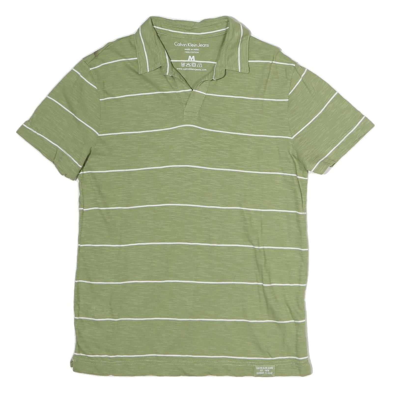 CALVIN KLEIN JEANS Mens Green & White Striped Short Sleeve Polo Shirt M Cotton