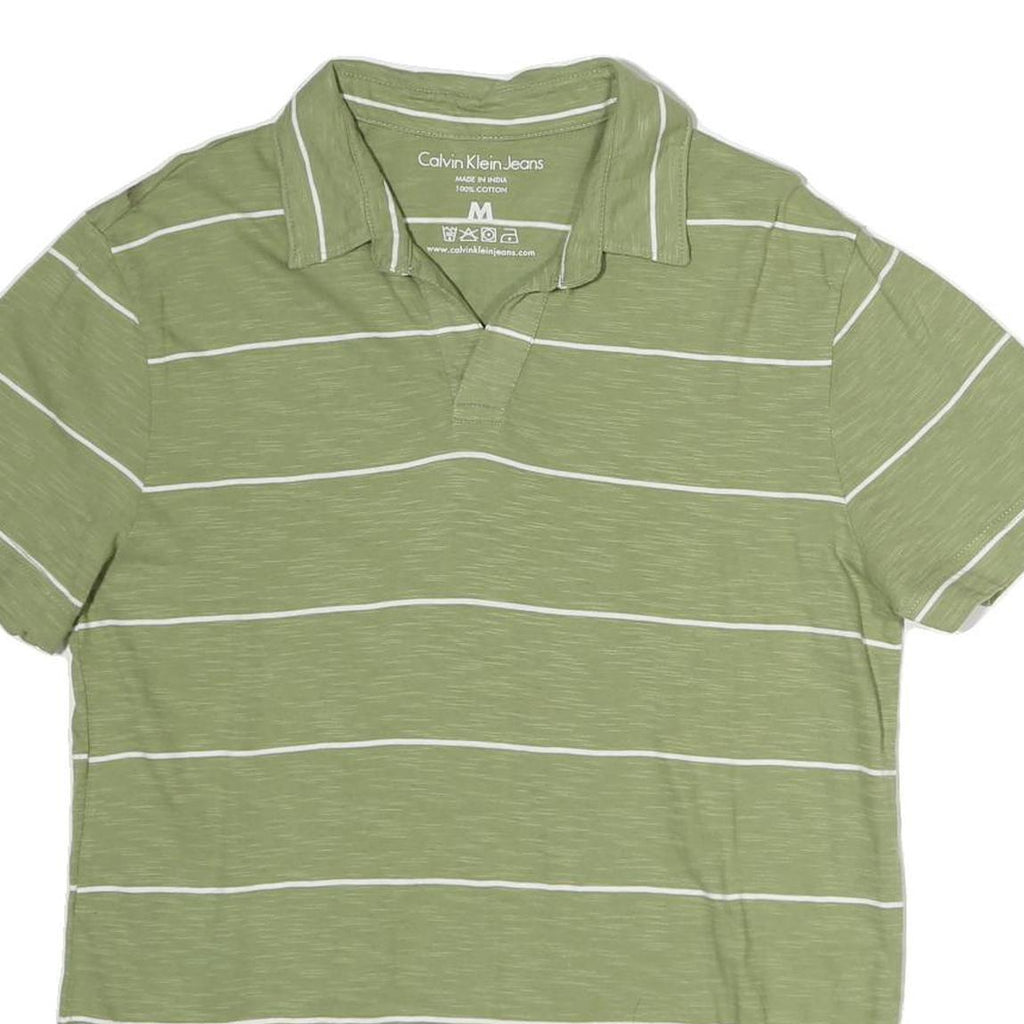 CALVIN KLEIN JEANS Mens Green & White Striped Short Sleeve Polo Shirt M Cotton