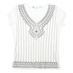 EWM Womens White Printed Top Short Sleeve V-Neck S Lightweight Summer