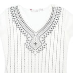 EWM Womens White Printed Top Short Sleeve V-Neck S Lightweight Summer