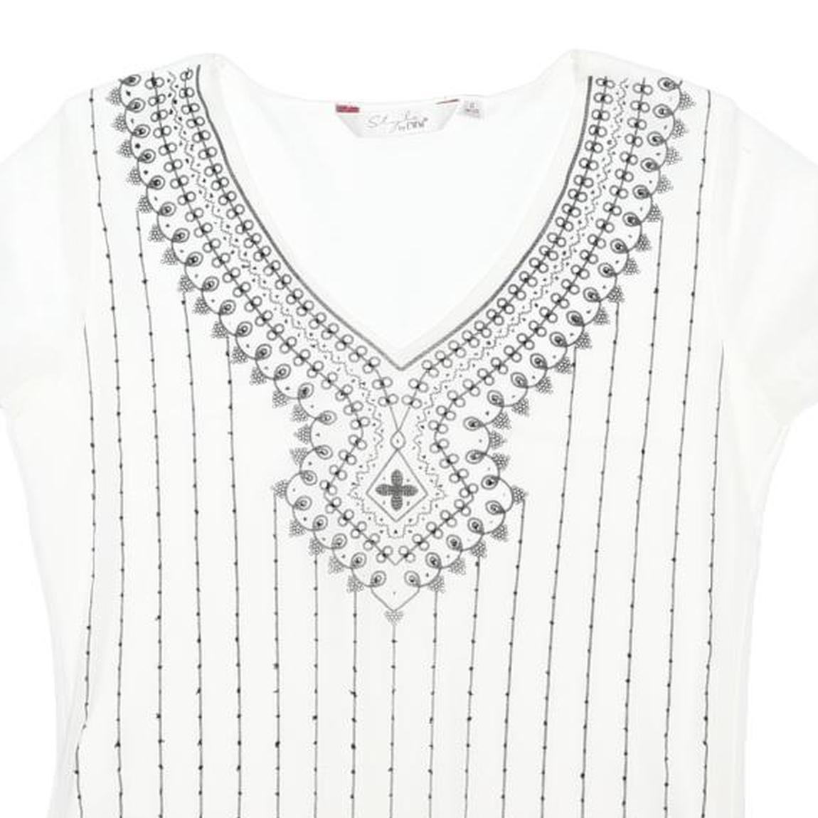 EWM Womens White Printed Top Short Sleeve V-Neck S Lightweight Summer