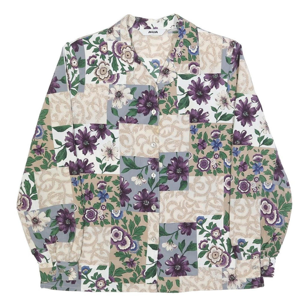 ALIA Womens Beige Green Purple Floral Printed Shirt Long Sleeve Collared M
