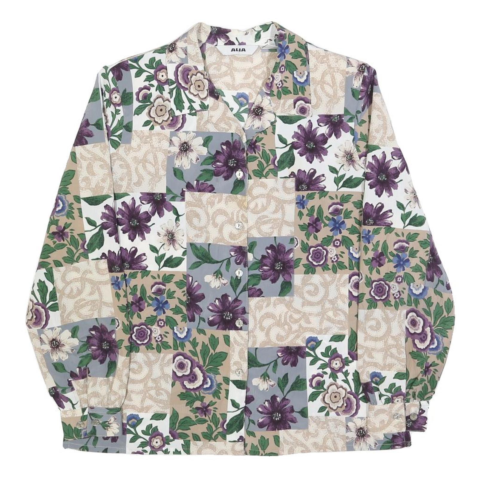 ALIA Womens Beige Green Purple Floral Printed Shirt Long Sleeve Collared M