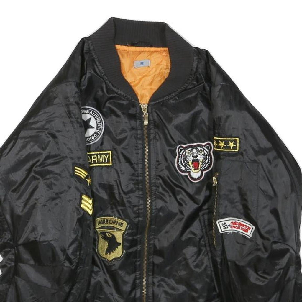 Womens Black Polyester Military Style Jacket S Woven Classic Zip Patches