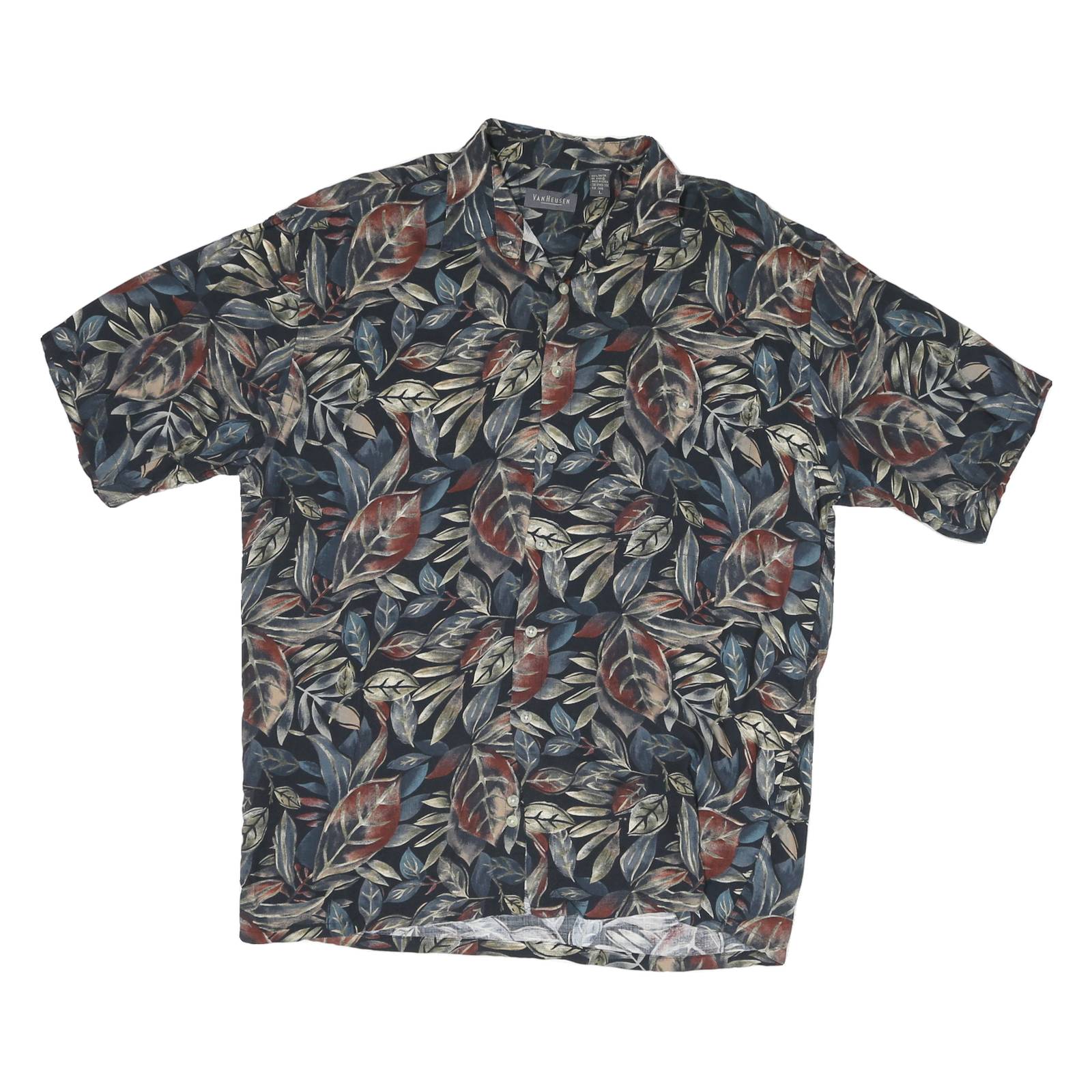 VAN HEUSEN Mens Blue & Brown Leaf Print Rayon Shirt L Casual Button Down