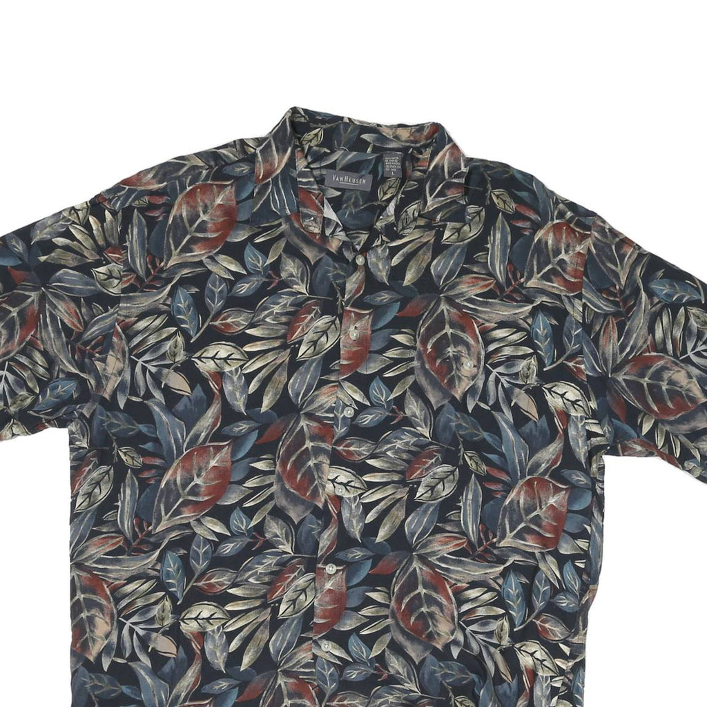 VAN HEUSEN Mens Blue & Brown Leaf Print Rayon Shirt L Casual Button Down